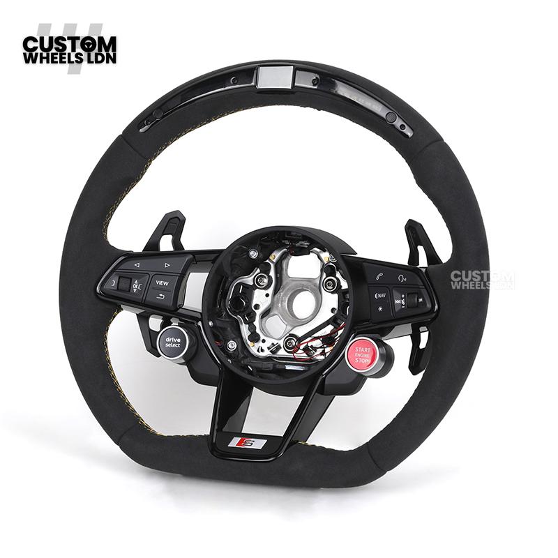Audi Custom R8-Style Flat Bottom Steering Wheel – LED Rev Display, Alcantara Grip, Yellow Stitching, Black Paddles, Start Button | Fits A4, A5, S5, A6, A7, S6, S7, Q5, SQ5 + more | Plug & Play | With Airbag | Upgrade for Older Models Available