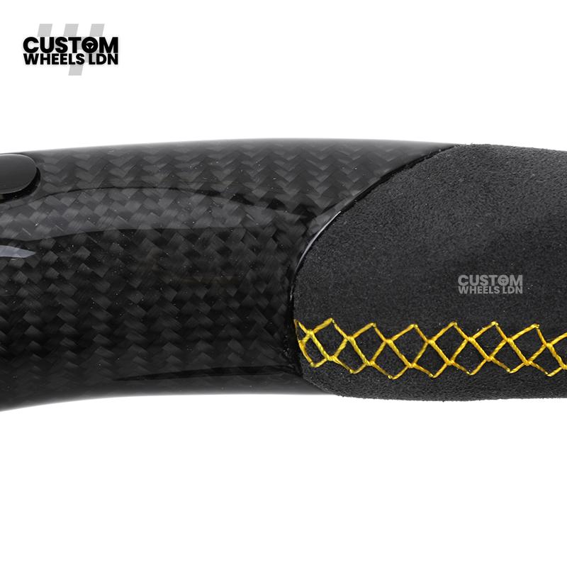 Audi Custom Q/RS Flat Bottom Steering Wheel – LED Rev Display, Alcantara Grip, Yellow Stitching, Carbon Paddles, Start Button | Fits Q3, Q5, SQ5, Q7, Q8, SQ8, RSQ8, A6, A7, S6, S7 + more | Plug & Play | With Airbag | Upgrade for Older Models Available