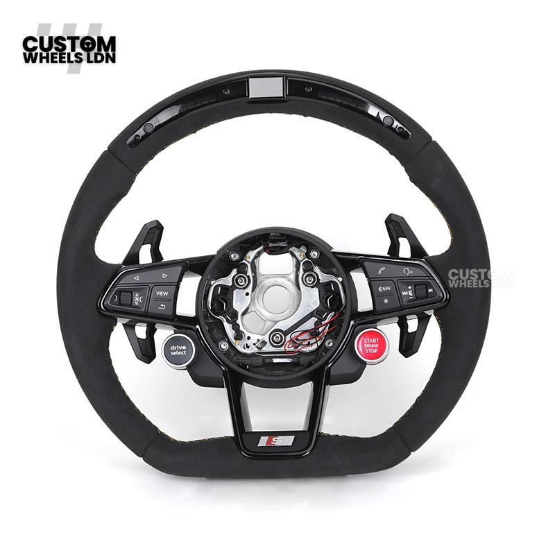 Audi Custom R8-Style Flat Bottom Steering Wheel – LED Rev Display, Alcantara Grip, Yellow Stitching, Black Paddles, Start Button | Fits A4, A5, S5, A6, A7, S6, S7, Q5, SQ5 + more | Plug & Play | With Airbag | Upgrade for Older Models Available