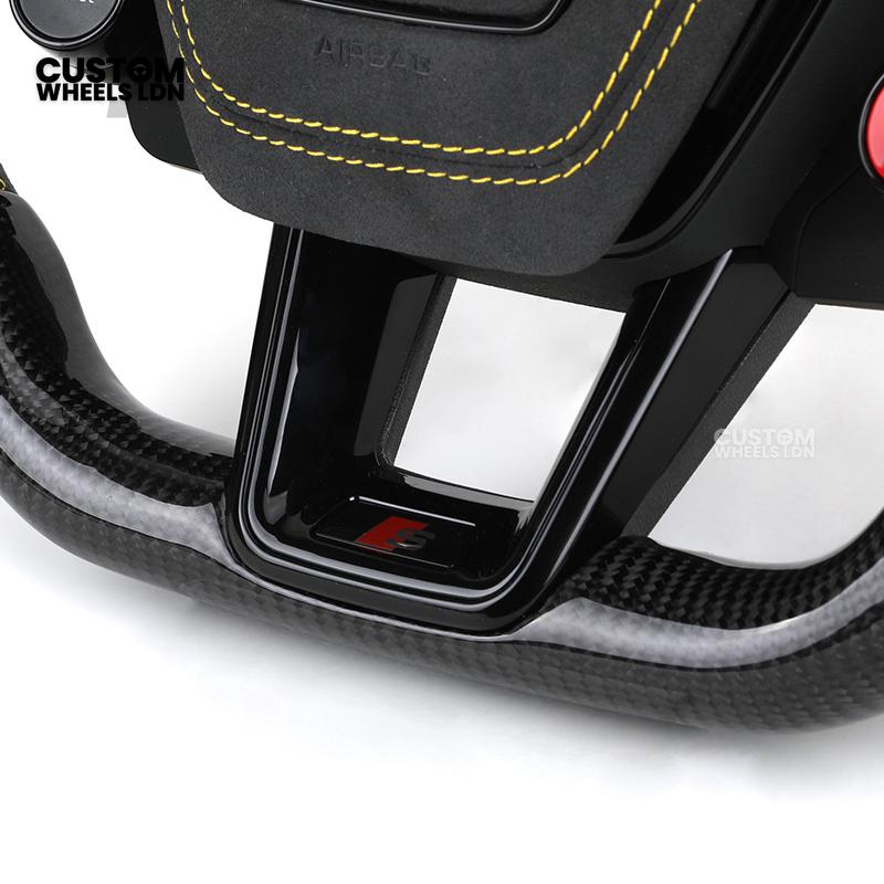 Audi Custom Q/RS Flat Bottom Steering Wheel – LED Rev Display, Alcantara Grip, Yellow Stitching, Carbon Paddles, Start Button | Fits Q3, Q5, SQ5, Q7, Q8, SQ8, RSQ8, A6, A7, S6, S7 + more | Plug & Play | With Airbag | Upgrade for Older Models Available