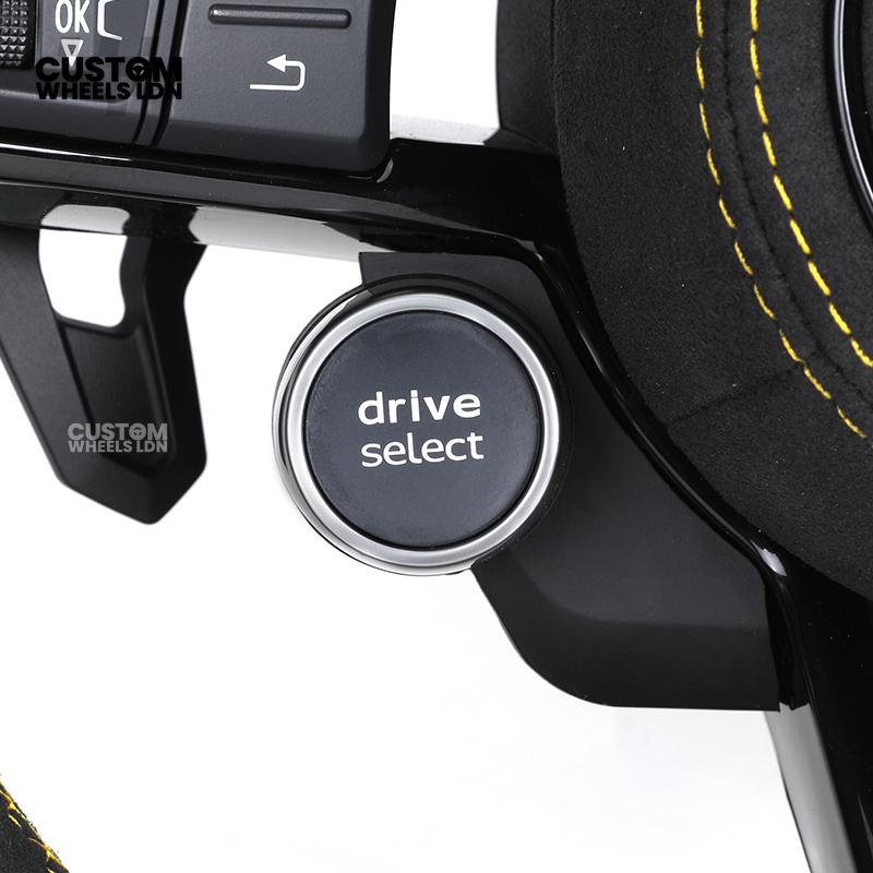 Audi Custom R8-Style Flat Bottom Steering Wheel – LED Rev Display, Alcantara Grip, Yellow Stitching, Black Paddles, Start Button | Fits A4, A5, S5, A6, A7, S6, S7, Q5, SQ5 + more | Plug & Play | With Airbag | Upgrade for Older Models Available