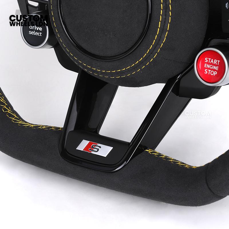 Audi Custom R8-Style Flat Bottom Steering Wheel – LED Rev Display, Alcantara Grip, Yellow Stitching, Black Paddles, Start Button | Fits A4, A5, S5, A6, A7, S6, S7, Q5, SQ5 + more | Plug & Play | With Airbag | Upgrade for Older Models Available
