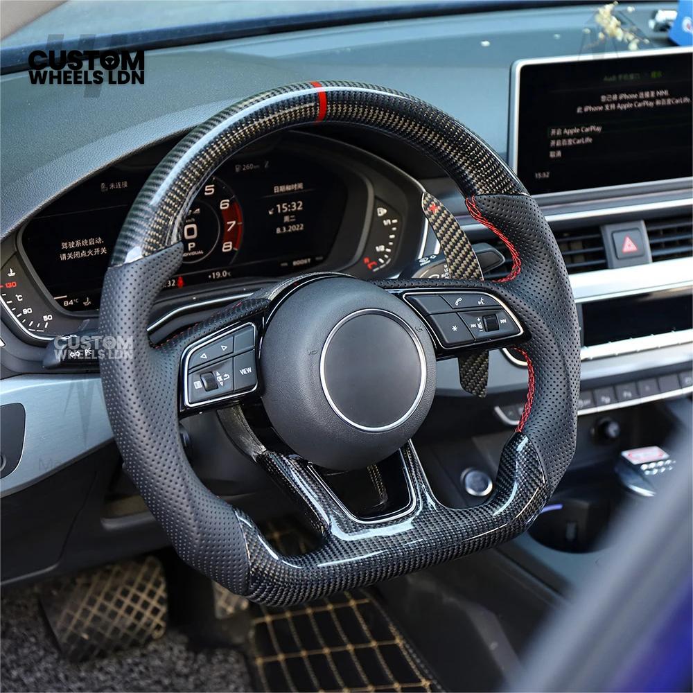 Audi Custom B9 Flat Bottom Steering Wheel – Carbon Top & Bottom, Red Centre Stripe, Red Stitching, Carbon Paddles, RS Badge | Fits A3, S3, RS3, A4, S4, A5, S5, Q5, SQ5 + more | Plug & Play | With Airbag | Upgrade for Older Models Available