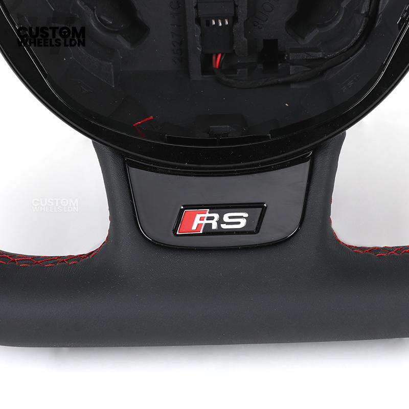 Audi Custom RS3 8V Flat Bottom Steering Wheel – Red Stitching, Red Paddles, Red Centre Stripe | Plug & Play | With Airbag