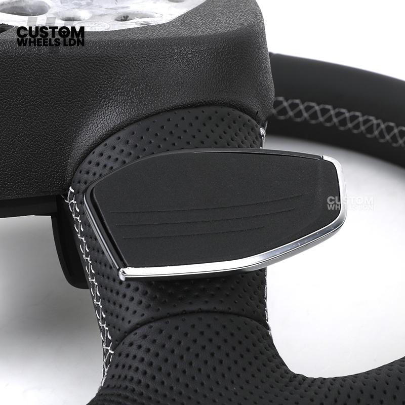 Audi Custom Q/RS Flat Bottom Steering Wheel – Black Leather, White Stitching, Perforated Grips, Silver Paddles | Fits Q3, Q5, SQ5, Q7, Q8, SQ8, RSQ8, A6, A7, S6, S7 + more | Plug & Play | With Airbag | Upgrade for Older Models Available