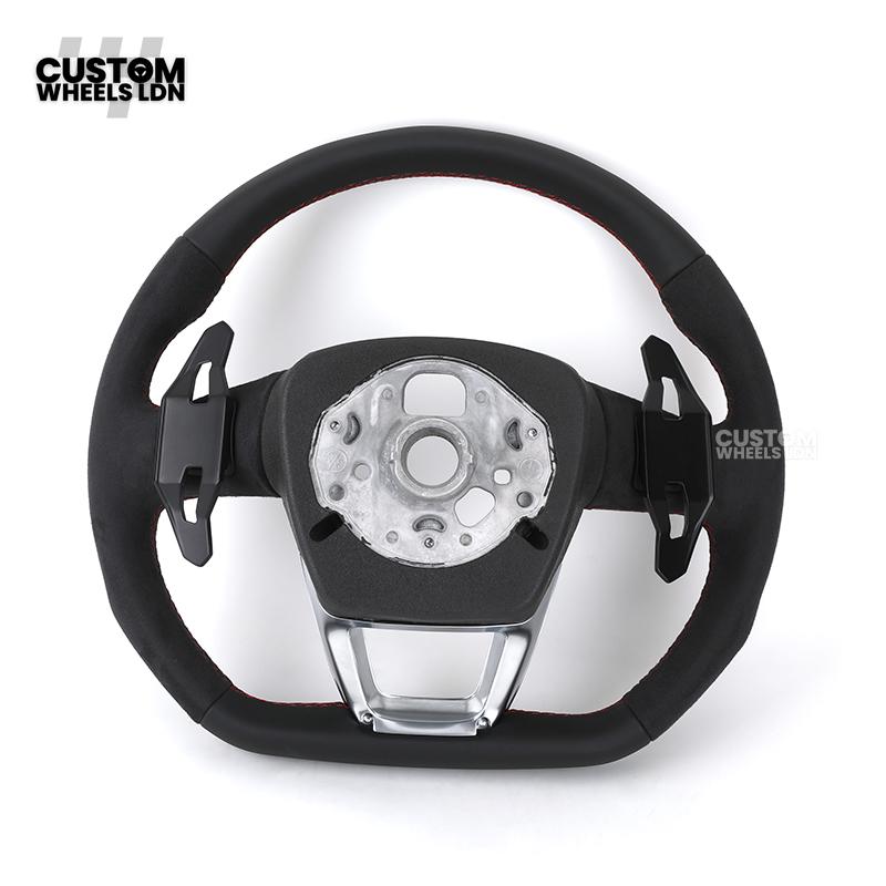 Audi Custom Q/RS Flat Bottom Steering Wheel – Alcantara Grip, Red Stitching, Black Paddles, Silver Trim | Fits Q3, Q5, SQ5, Q7, Q8, A6, A7, S6, S7 + more | Plug & Play | With Airbag | Upgrade for Older Models Available