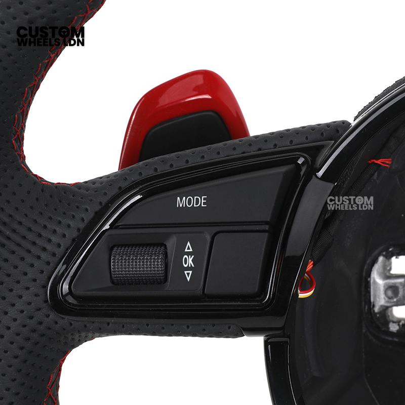 Audi Custom RS3 8V Flat Bottom Steering Wheel – Red Stitching, Red Paddles, Red Centre Stripe | Plug & Play | With Airbag