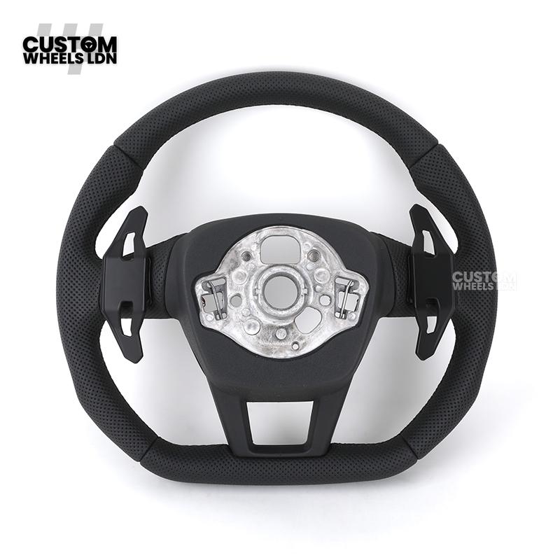 Audi Custom Q/RS Flat Bottom Steering Wheel – Perforated Leather, Black Stitching, Gloss Black Paddles, Chrome Trim | Fits Q3, Q5, SQ5, Q7, Q8, SQ8, RSQ8, A6, A7, S6, S7 + more | Plug & Play | With Airbag | Upgrade for Older Models Available