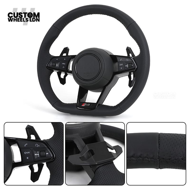 Audi Custom R8-Style Flat Bottom Steering Wheel – Black Leather, Black Stitching, Black Paddles | Fits A4, A5, S5, A6, A7, S6, S7, Q5, SQ5 + more | Plug & Play | With Airbag | Upgrade for Older Models Available