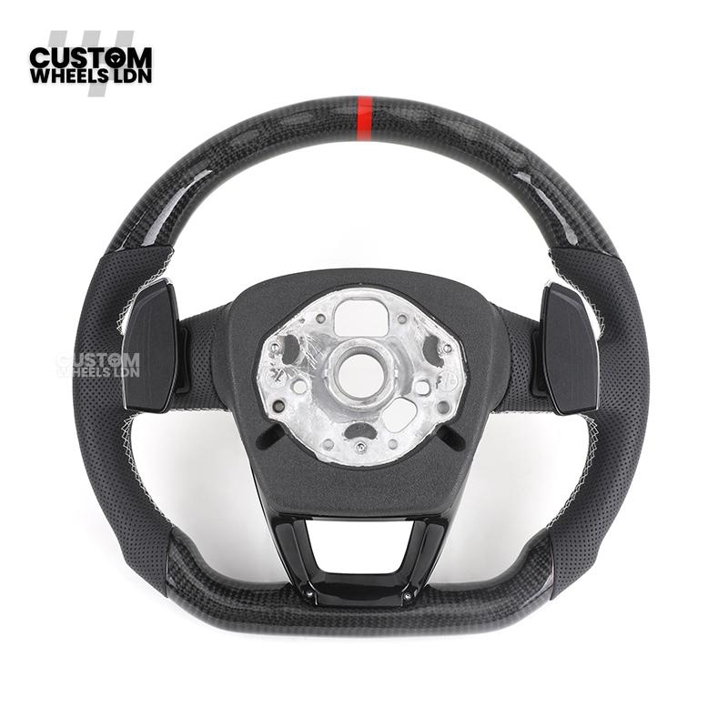 Audi Custom Q/RS Flat Bottom Steering Wheel – Carbon Top & Bottom, Red Centre Stripe, Perforated Leather, Silver Paddles | Fits Q3, Q5, SQ5, Q7, Q8, SQ8, RSQ8, A6, A7, S6, S7 + more | Plug & Play | With Airbag | Upgrade for Older Models Available