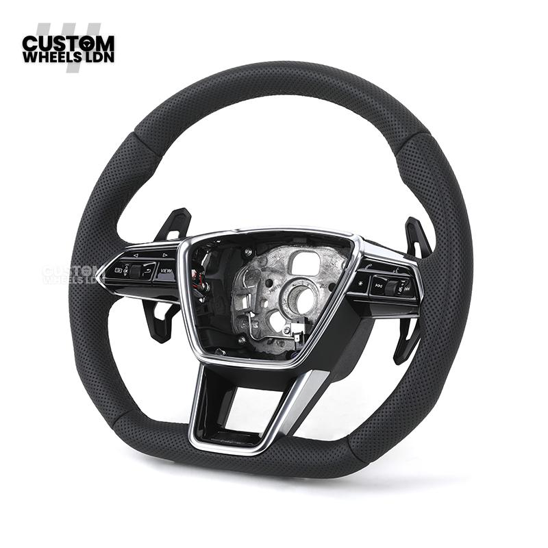 Audi Custom Q/RS Flat Bottom Steering Wheel – Perforated Leather, Black Stitching, Gloss Black Paddles, Chrome Trim | Fits Q3, Q5, SQ5, Q7, Q8, SQ8, RSQ8, A6, A7, S6, S7 + more | Plug & Play | With Airbag | Upgrade for Older Models Available