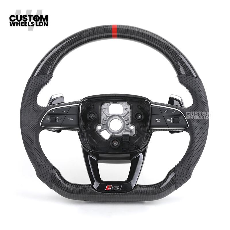 Audi Custom Q/RS Flat Bottom Steering Wheel – Carbon Top & Bottom, Red Centre Stripe, Perforated Leather, Silver Paddles | Fits Q3, Q5, SQ5, Q7, Q8, SQ8, RSQ8, A6, A7, S6, S7 + more | Plug & Play | With Airbag | Upgrade for Older Models Available