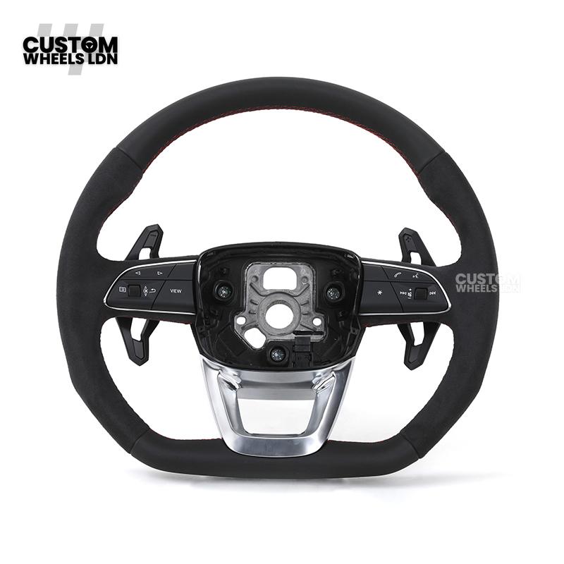 Audi Custom Q/RS Flat Bottom Steering Wheel – Alcantara Grip, Red Stitching, Black Paddles, Silver Trim | Fits Q3, Q5, SQ5, Q7, Q8, A6, A7, S6, S7 + more | Plug & Play | With Airbag | Upgrade for Older Models Available