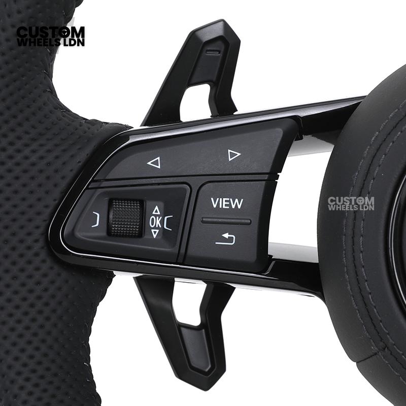 Audi Custom R8-Style Flat Bottom Steering Wheel – Black Leather, Black Stitching, Black Paddles | Fits A4, A5, S5, A6, A7, S6, S7, Q5, SQ5 + more | Plug & Play | With Airbag | Upgrade for Older Models Available