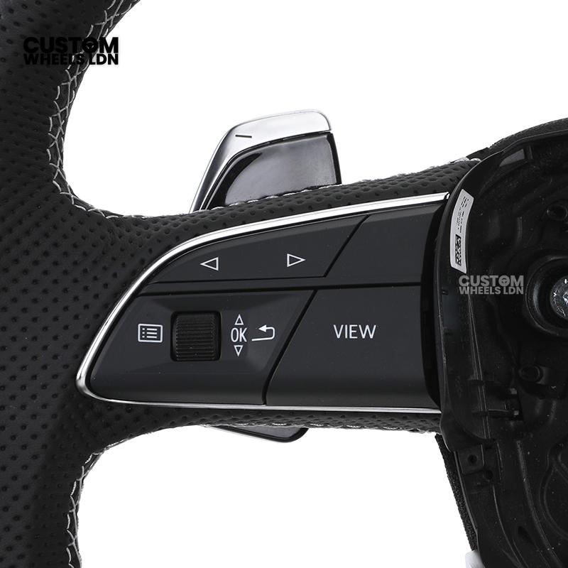 Audi Custom Q/RS Flat Bottom Steering Wheel – Black Leather, White Stitching, Perforated Grips, Silver Paddles | Fits Q3, Q5, SQ5, Q7, Q8, SQ8, RSQ8, A6, A7, S6, S7 + more | Plug & Play | With Airbag | Upgrade for Older Models Available