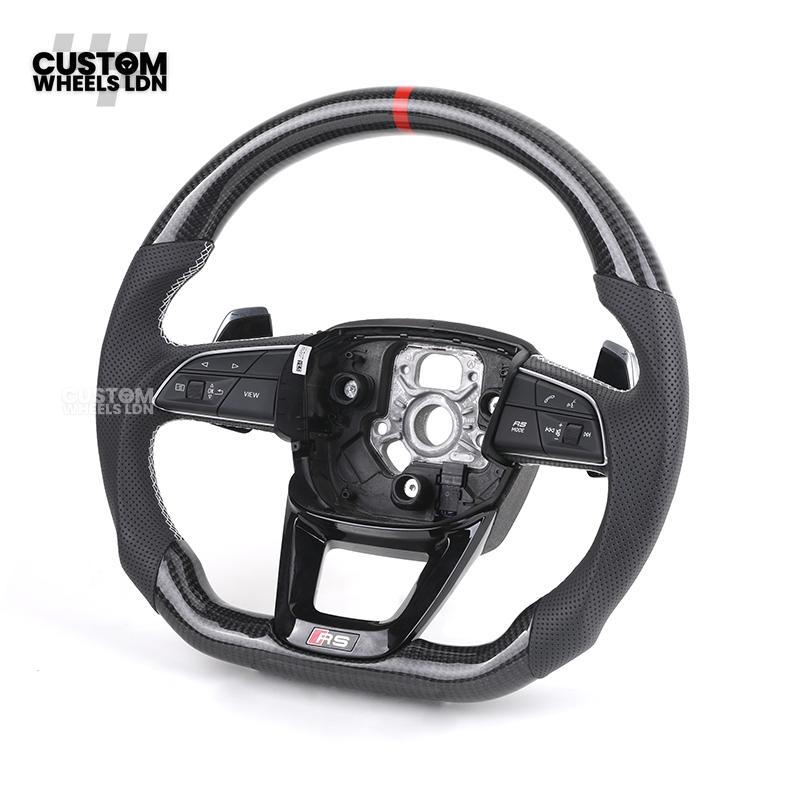 Audi Custom Q/RS Flat Bottom Steering Wheel – Carbon Top & Bottom, Red Centre Stripe, Perforated Leather, Silver Paddles | Fits Q3, Q5, SQ5, Q7, Q8, SQ8, RSQ8, A6, A7, S6, S7 + more | Plug & Play | With Airbag | Upgrade for Older Models Available
