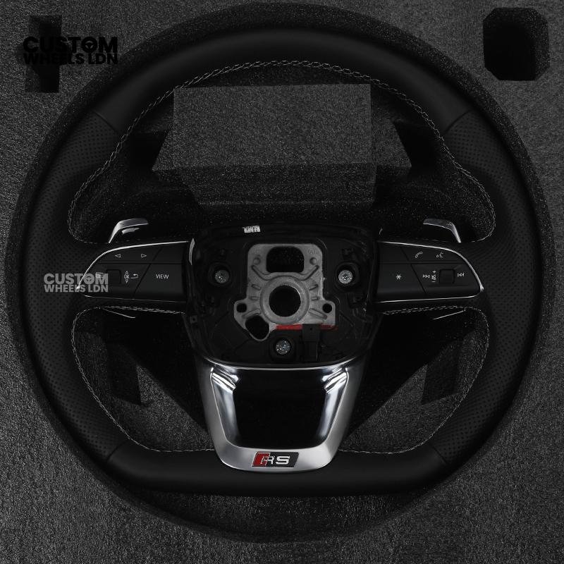 Audi Custom Q/RS Flat Bottom Steering Wheel – Black Leather, White Stitching, Perforated Grips, Silver Paddles | Fits Q3, Q5, SQ5, Q7, Q8, SQ8, RSQ8, A6, A7, S6, S7 + more | Plug & Play | With Airbag | Upgrade for Older Models Available