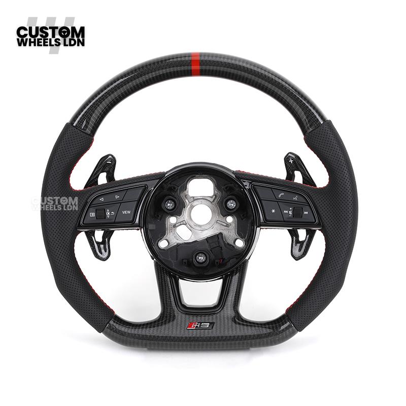 Audi Custom B9 Flat Bottom Steering Wheel – Carbon Top & Bottom, Red Centre Stripe, Red Stitching, Carbon Paddles, RS Badge | Fits A3, S3, RS3, A4, S4, A5, S5, Q5, SQ5 + more | Plug & Play | With Airbag | Upgrade for Older Models Available