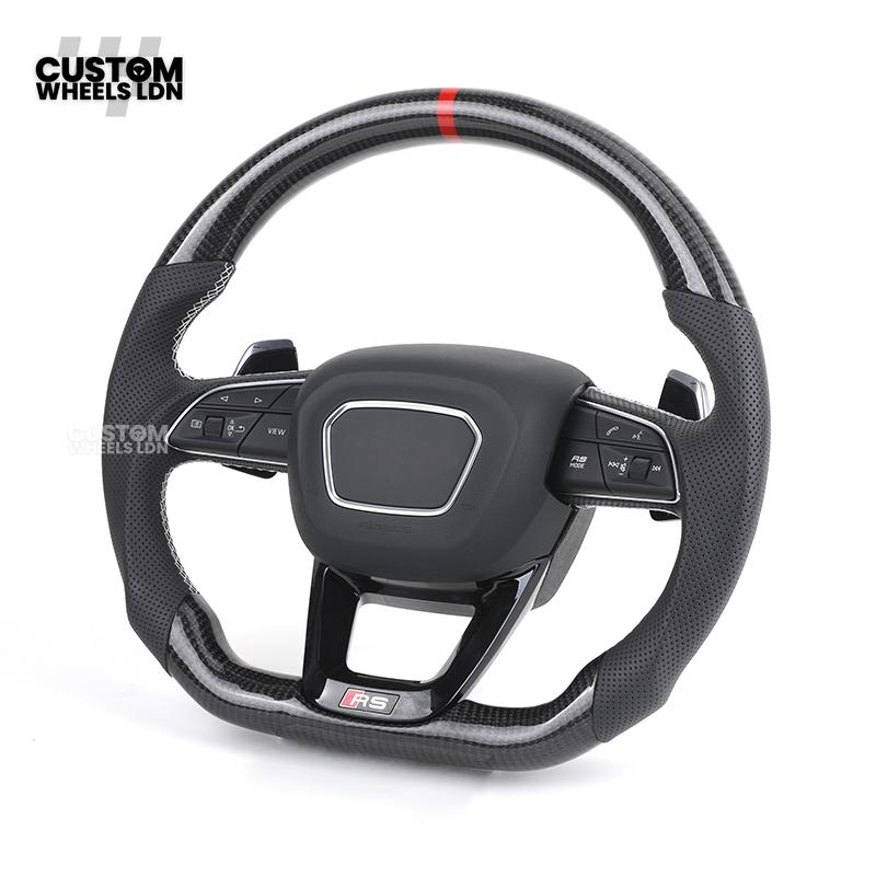 Audi Custom Q/RS Flat Bottom Steering Wheel – Carbon Top & Bottom, Red Centre Stripe, Perforated Leather, Silver Paddles | Fits Q3, Q5, SQ5, Q7, Q8, SQ8, RSQ8, A6, A7, S6, S7 + more | Plug & Play | With Airbag | Upgrade for Older Models Available