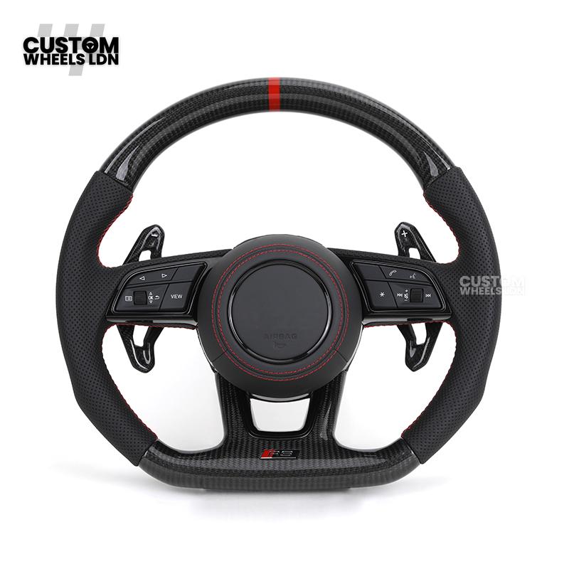 Audi Custom B9 Flat Bottom Steering Wheel – Carbon Top & Bottom, Red Centre Stripe, Red Stitching, Carbon Paddles, RS Badge | Fits A3, S3, RS3, A4, S4, A5, S5, Q5, SQ5 + more | Plug & Play | With Airbag | Upgrade for Older Models Available