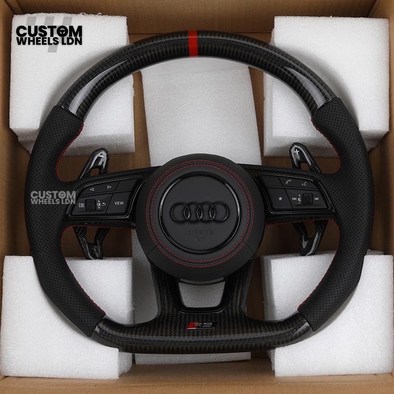Audi Custom B9 Flat Bottom Steering Wheel – Carbon Top & Bottom, Red Centre Stripe, Red Stitching, Carbon Paddles, RS Badge | Fits A3, S3, RS3, A4, S4, A5, S5, Q5, SQ5 + more | Plug & Play | With Airbag | Upgrade for Older Models Available