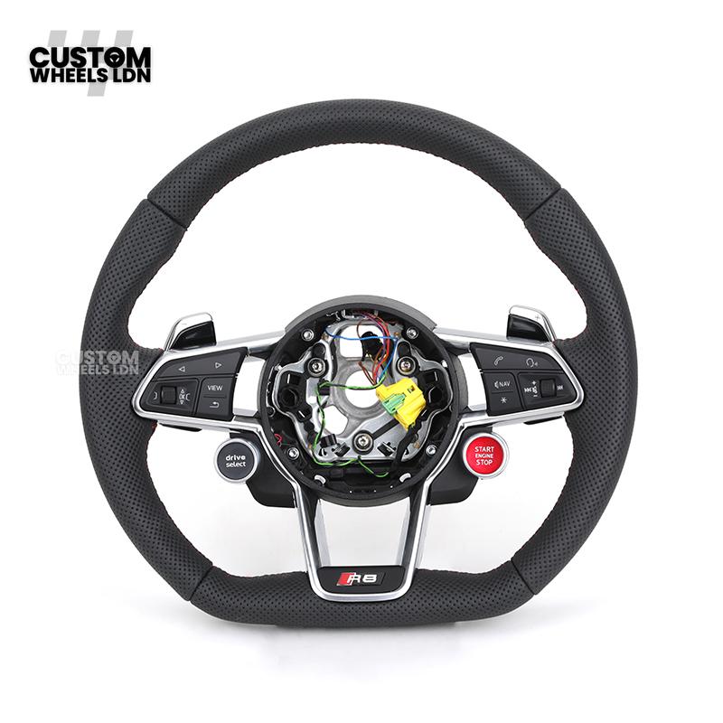 Audi Custom R8-Style Flat Bottom Steering Wheel – Perforated Leather, Red Stitching, Silver Paddles, Start Button | Fits A4, A5, S5, A6, A7, S6, S7, Q5, SQ5 + more | Plug & Play | With Airbag | Upgrade for Older Models Available