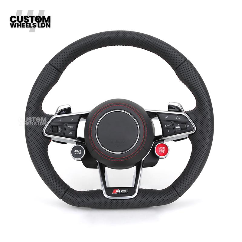 Audi Custom R8-Style Flat Bottom Steering Wheel – Perforated Leather, Red Stitching, Silver Paddles, Start Button | Fits A4, A5, S5, A6, A7, S6, S7, Q5, SQ5 + more | Plug & Play | With Airbag | Upgrade for Older Models Available