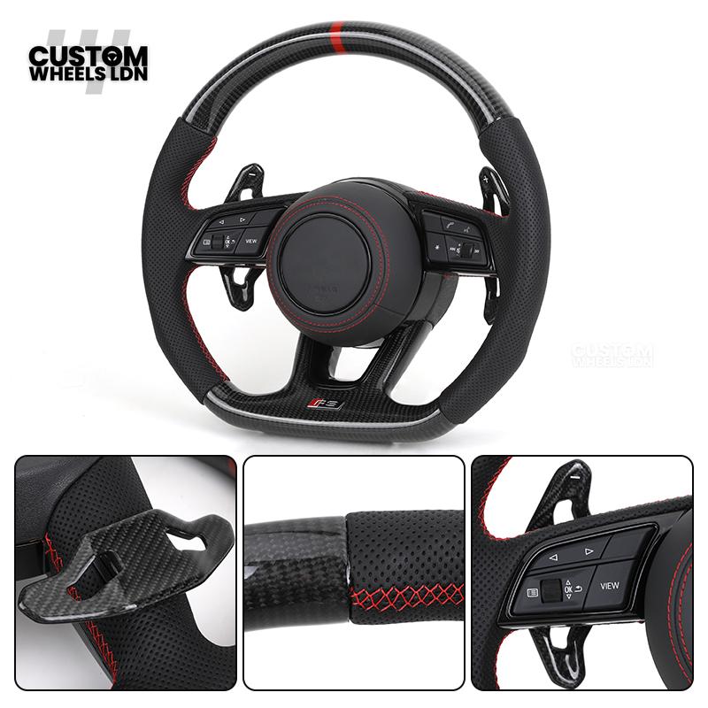 Audi Custom B9 Flat Bottom Steering Wheel – Carbon Top & Bottom, Red Centre Stripe, Red Stitching, Carbon Paddles, RS Badge | Fits A3, S3, RS3, A4, S4, A5, S5, Q5, SQ5 + more | Plug & Play | With Airbag | Upgrade for Older Models Available