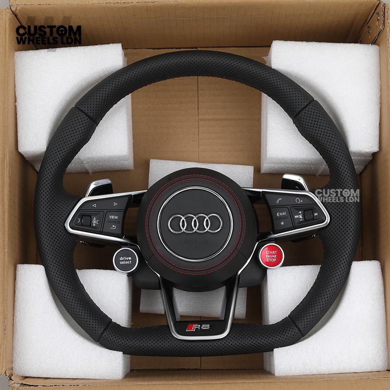 Audi Custom R8-Style Flat Bottom Steering Wheel – Perforated Leather, Red Stitching, Silver Paddles, Start Button | Fits A4, A5, S5, A6, A7, S6, S7, Q5, SQ5 + more | Plug & Play | With Airbag | Upgrade for Older Models Available