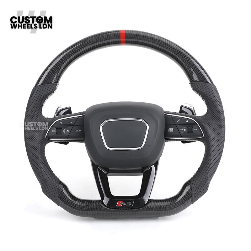 Audi Custom Q/RS Flat Bottom Steering Wheel – Carbon Top & Bottom, Red Centre Stripe, Perforated Leather, Silver Paddles | Fits Q3, Q5, SQ5, Q7, Q8, SQ8, RSQ8, A6, A7, S6, S7 + more | Plug & Play | With Airbag | Upgrade for Older Models Available