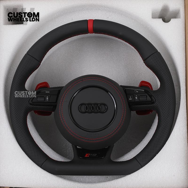 Audi Custom RS3 8V Flat Bottom Steering Wheel – Red Stitching, Red Paddles, Red Centre Stripe | Plug & Play | With Airbag