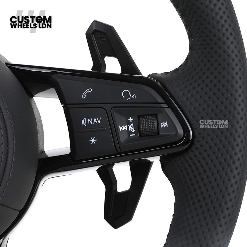 Audi Custom R8-Style Flat Bottom Steering Wheel – Black Leather, Black Stitching, Black Paddles | Fits A4, A5, S5, A6, A7, S6, S7, Q5, SQ5 + more | Plug & Play | With Airbag | Upgrade for Older Models Available