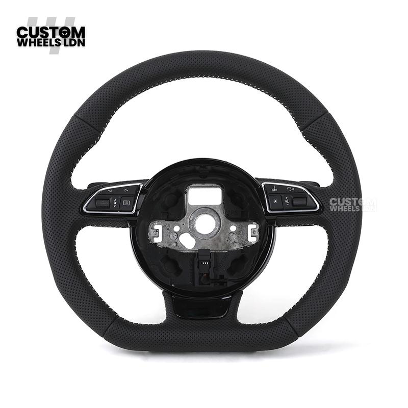 Audi Custom 8V Flat Bottom Steering Wheel – Perforated Leather, Black Stitching, Silver Paddles, RS Badge | Fits A3, S3, RS3 8V, A1, Q2, TT + more | Plug & Play | With Airbag | Upgrade for Older Models Available