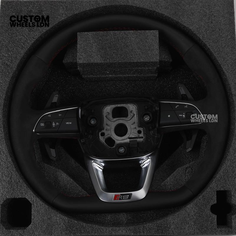 Audi Custom Q/RS Flat Bottom Steering Wheel – Alcantara Grip, Red Stitching, Black Paddles, Silver Trim | Fits Q3, Q5, SQ5, Q7, Q8, A6, A7, S6, S7 + more | Plug & Play | With Airbag | Upgrade for Older Models Available