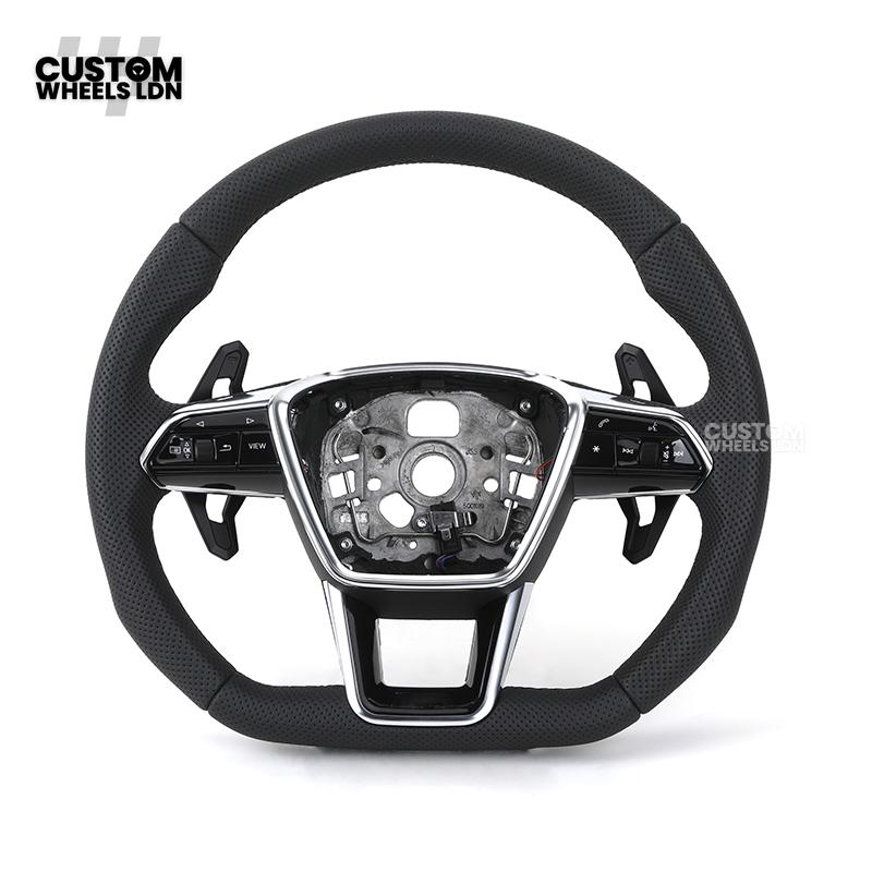 Audi Custom Q/RS Flat Bottom Steering Wheel – Perforated Leather, Black Stitching, Gloss Black Paddles, Chrome Trim | Fits Q3, Q5, SQ5, Q7, Q8, SQ8, RSQ8, A6, A7, S6, S7 + more | Plug & Play | With Airbag | Upgrade for Older Models Available