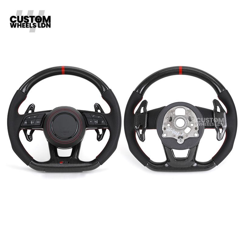 Audi Custom B9 Flat Bottom Steering Wheel – Carbon Top & Bottom, Red Centre Stripe, Red Stitching, Carbon Paddles, RS Badge | Fits A3, S3, RS3, A4, S4, A5, S5, Q5, SQ5 + more | Plug & Play | With Airbag | Upgrade for Older Models Available