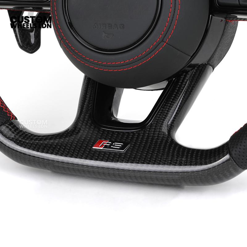 Audi Custom B9 Flat Bottom Steering Wheel – Carbon Top & Bottom, Red Centre Stripe, Red Stitching, Carbon Paddles, RS Badge | Fits A3, S3, RS3, A4, S4, A5, S5, Q5, SQ5 + more | Plug & Play | With Airbag | Upgrade for Older Models Available