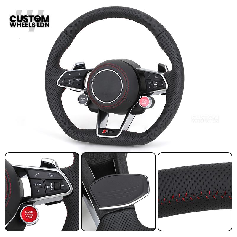 Audi Custom R8-Style Flat Bottom Steering Wheel – Perforated Leather, Red Stitching, Silver Paddles, Start Button | Fits A4, A5, S5, A6, A7, S6, S7, Q5, SQ5 + more | Plug & Play | With Airbag | Upgrade for Older Models Available