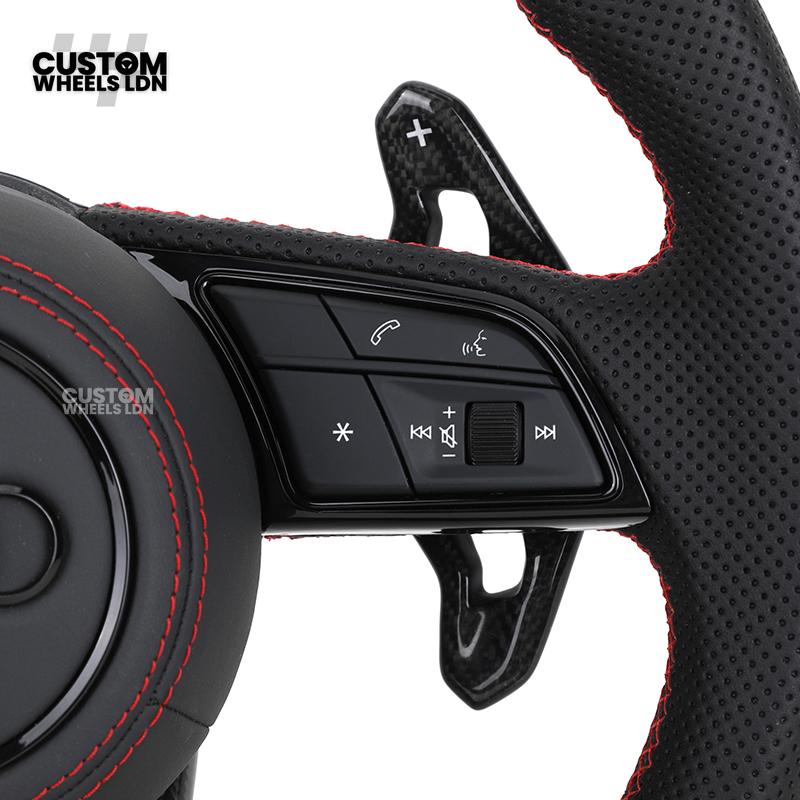 Audi Custom B9 Flat Bottom Steering Wheel – Carbon Top & Bottom, Red Centre Stripe, Red Stitching, Carbon Paddles, RS Badge | Fits A3, S3, RS3, A4, S4, A5, S5, Q5, SQ5 + more | Plug & Play | With Airbag | Upgrade for Older Models Available
