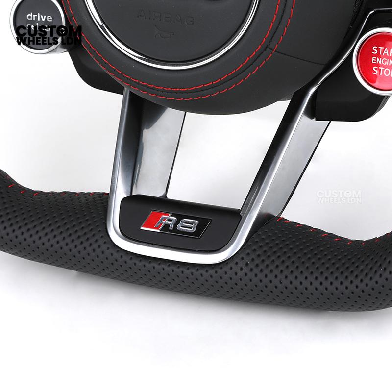 Audi Custom R8-Style Flat Bottom Steering Wheel – Perforated Leather, Red Stitching, Silver Paddles, Start Button | Fits A4, A5, S5, A6, A7, S6, S7, Q5, SQ5 + more | Plug & Play | With Airbag | Upgrade for Older Models Available