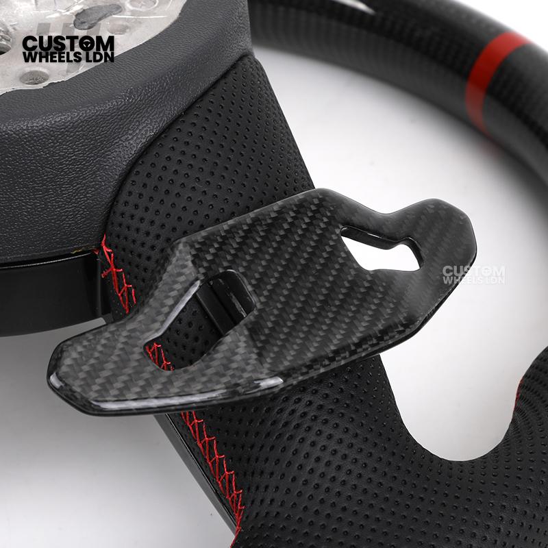 Audi Custom B9 Flat Bottom Steering Wheel – Carbon Top & Bottom, Red Centre Stripe, Red Stitching, Carbon Paddles, RS Badge | Fits A3, S3, RS3, A4, S4, A5, S5, Q5, SQ5 + more | Plug & Play | With Airbag | Upgrade for Older Models Available
