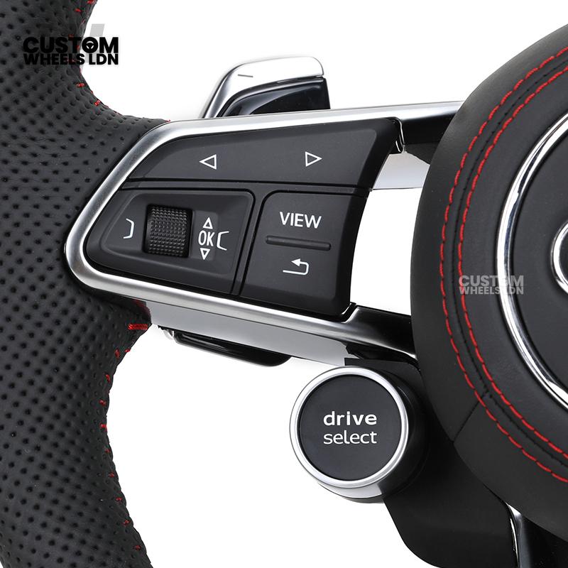 Audi Custom R8-Style Flat Bottom Steering Wheel – Perforated Leather, Red Stitching, Silver Paddles, Start Button | Fits A4, A5, S5, A6, A7, S6, S7, Q5, SQ5 + more | Plug & Play | With Airbag | Upgrade for Older Models Available