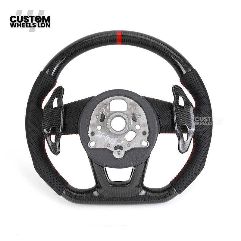 Audi Custom B9 Flat Bottom Steering Wheel – Carbon Top & Bottom, Red Centre Stripe, Red Stitching, Carbon Paddles, RS Badge | Fits A3, S3, RS3, A4, S4, A5, S5, Q5, SQ5 + more | Plug & Play | With Airbag | Upgrade for Older Models Available