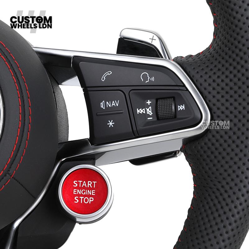 Audi Custom R8-Style Flat Bottom Steering Wheel – Perforated Leather, Red Stitching, Silver Paddles, Start Button | Fits A4, A5, S5, A6, A7, S6, S7, Q5, SQ5 + more | Plug & Play | With Airbag | Upgrade for Older Models Available