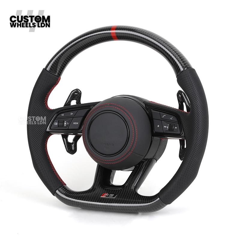 Audi Custom B9 Flat Bottom Steering Wheel – Carbon Top & Bottom, Red Centre Stripe, Red Stitching, Carbon Paddles, RS Badge | Fits A3, S3, RS3, A4, S4, A5, S5, Q5, SQ5 + more | Plug & Play | With Airbag | Upgrade for Older Models Available