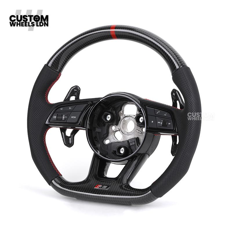 Audi Custom B9 Flat Bottom Steering Wheel – Carbon Top & Bottom, Red Centre Stripe, Red Stitching, Carbon Paddles, RS Badge | Fits A3, S3, RS3, A4, S4, A5, S5, Q5, SQ5 + more | Plug & Play | With Airbag | Upgrade for Older Models Available