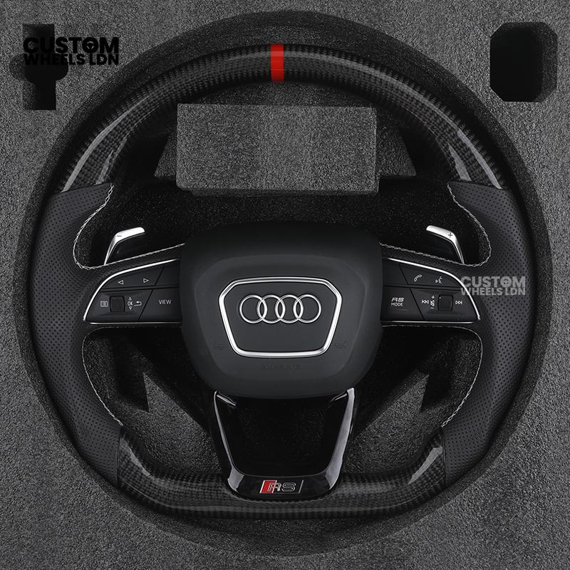 Audi Custom Q/RS Flat Bottom Steering Wheel – Carbon Top & Bottom, Red Centre Stripe, Perforated Leather, Silver Paddles | Fits Q3, Q5, SQ5, Q7, Q8, SQ8, RSQ8, A6, A7, S6, S7 + more | Plug & Play | With Airbag | Upgrade for Older Models Available