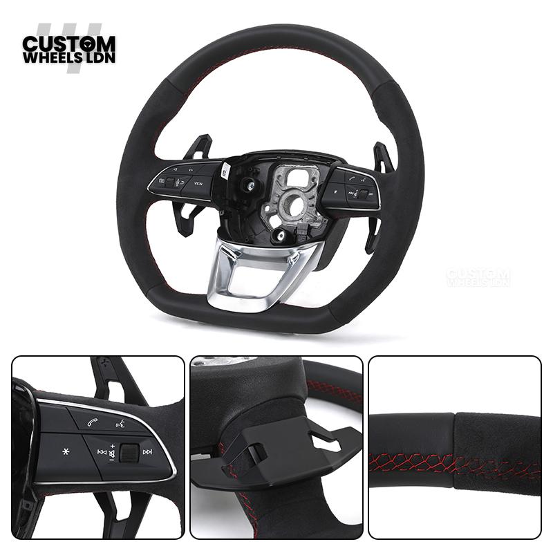 Audi Custom Q/RS Flat Bottom Steering Wheel – Alcantara Grip, Red Stitching, Black Paddles, Silver Trim | Fits Q3, Q5, SQ5, Q7, Q8, A6, A7, S6, S7 + more | Plug & Play | With Airbag | Upgrade for Older Models Available