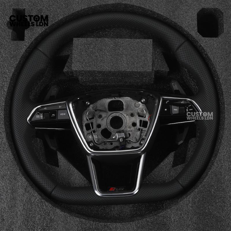 Audi Custom Q/RS Flat Bottom Steering Wheel – Perforated Leather, Black Stitching, Gloss Black Paddles, Chrome Trim | Fits Q3, Q5, SQ5, Q7, Q8, SQ8, RSQ8, A6, A7, S6, S7 + more | Plug & Play | With Airbag | Upgrade for Older Models Available