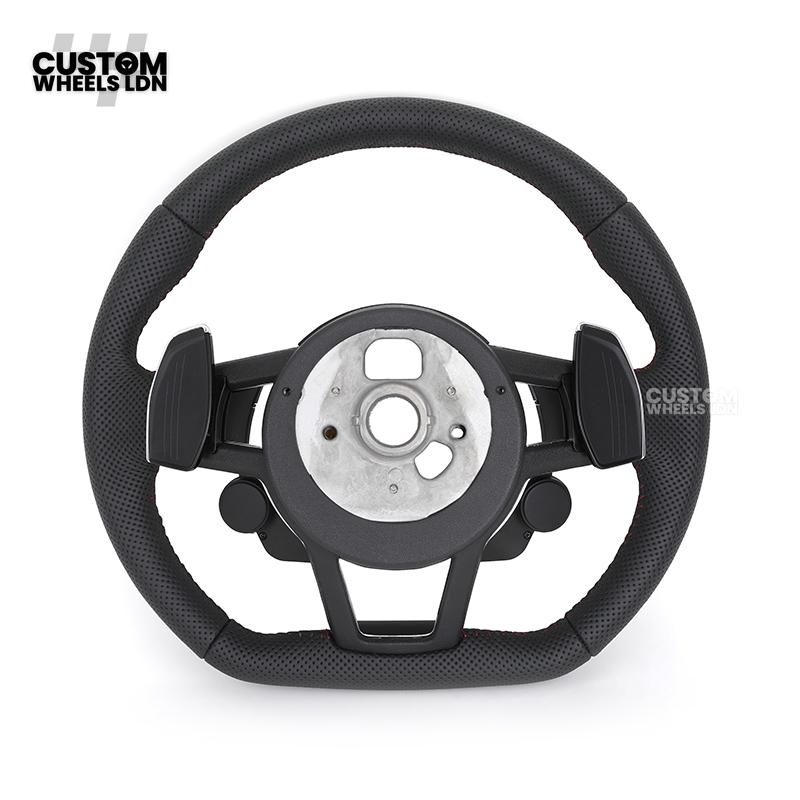 Audi Custom R8-Style Flat Bottom Steering Wheel – Perforated Leather, Red Stitching, Silver Paddles, Start Button | Fits A4, A5, S5, A6, A7, S6, S7, Q5, SQ5 + more | Plug & Play | With Airbag | Upgrade for Older Models Available